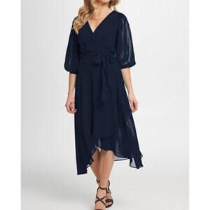 DKNY Navy Blue Midi Dress Wrap Hi-Lo 3/4 Sleeve Party Cocktail Plus Size 22